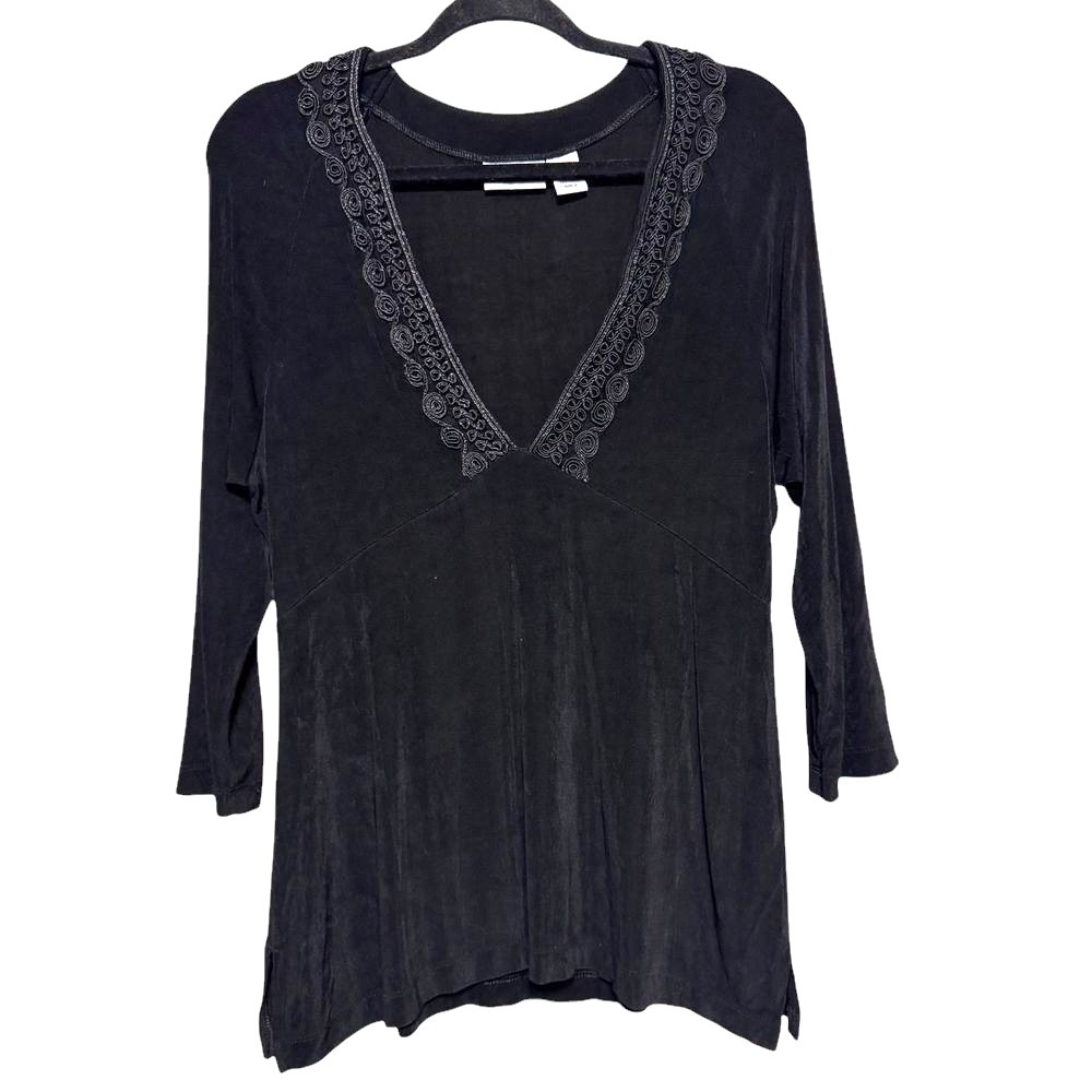 Chicos Travelers Dark Academia Tunic Top Womens Sz 2 Large Black Goth Travelcore